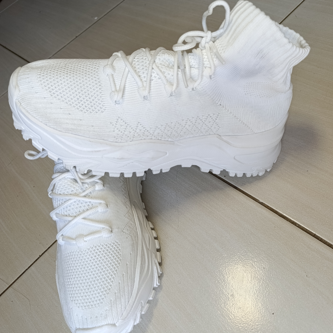 All-White Knit High-Top Sneakers – Lightweight & Stylish
